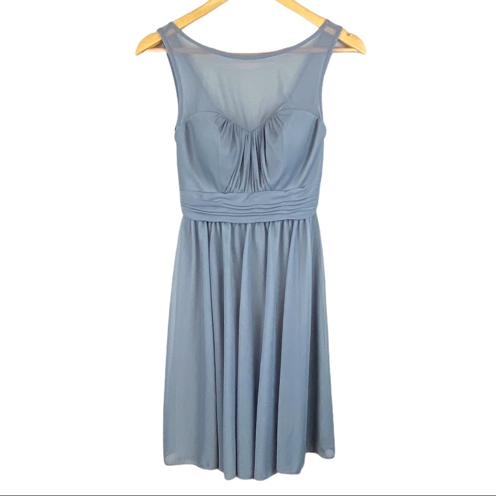 David’s Bridal Gray Mesh Chiffon Dress Sz 2 • Illusion Neckline • EUC